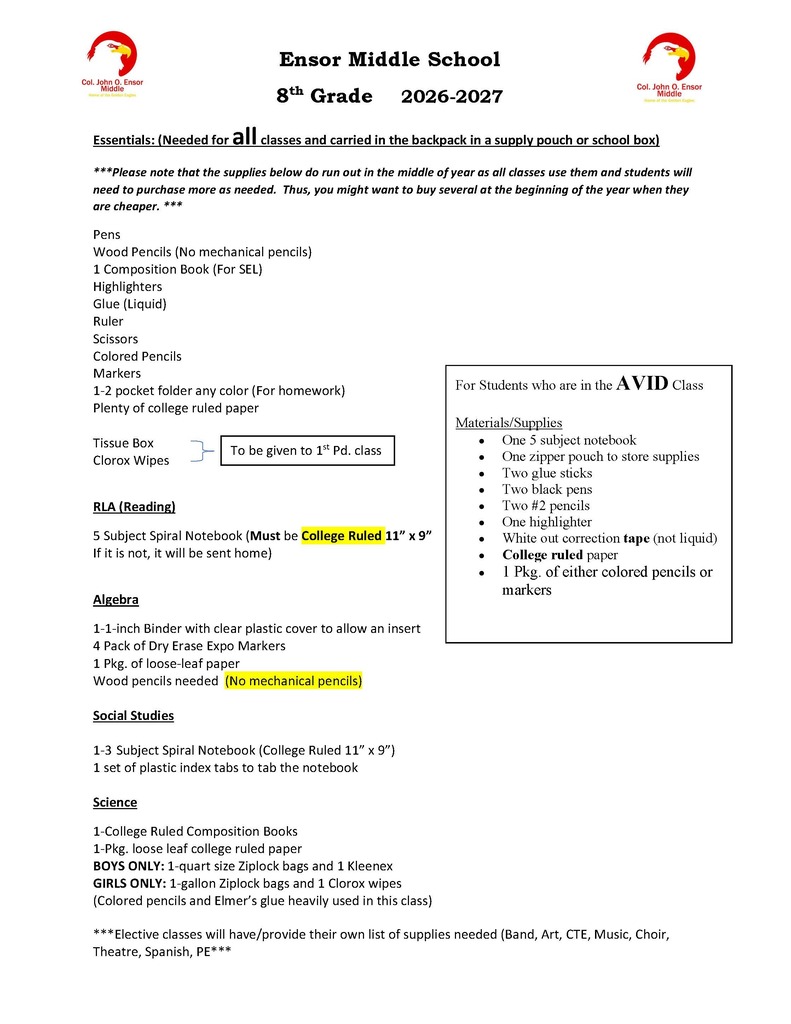 8th grade supply list