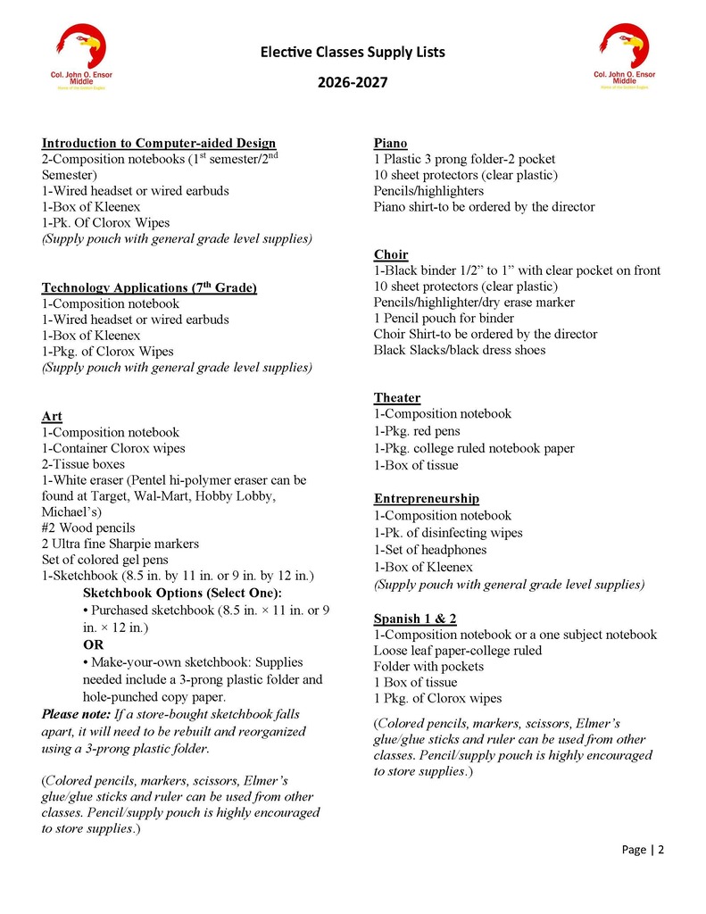 Elective supply list