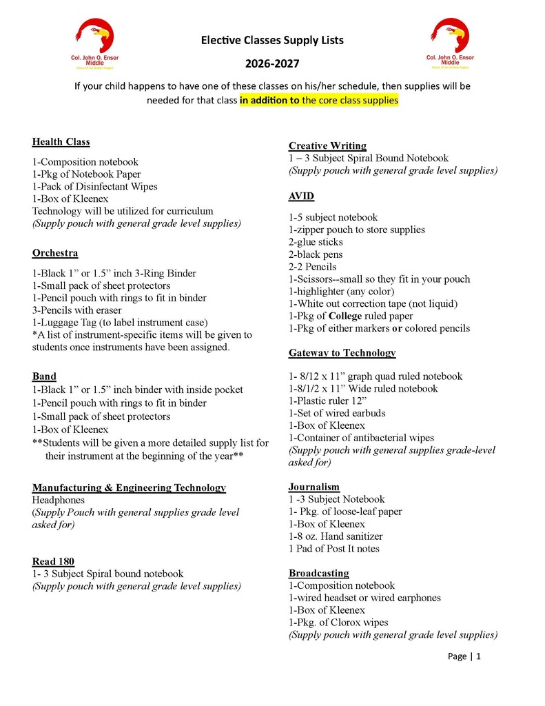 Elective supply list
