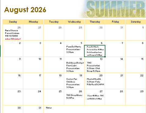 Monthly calendar for parent meetings