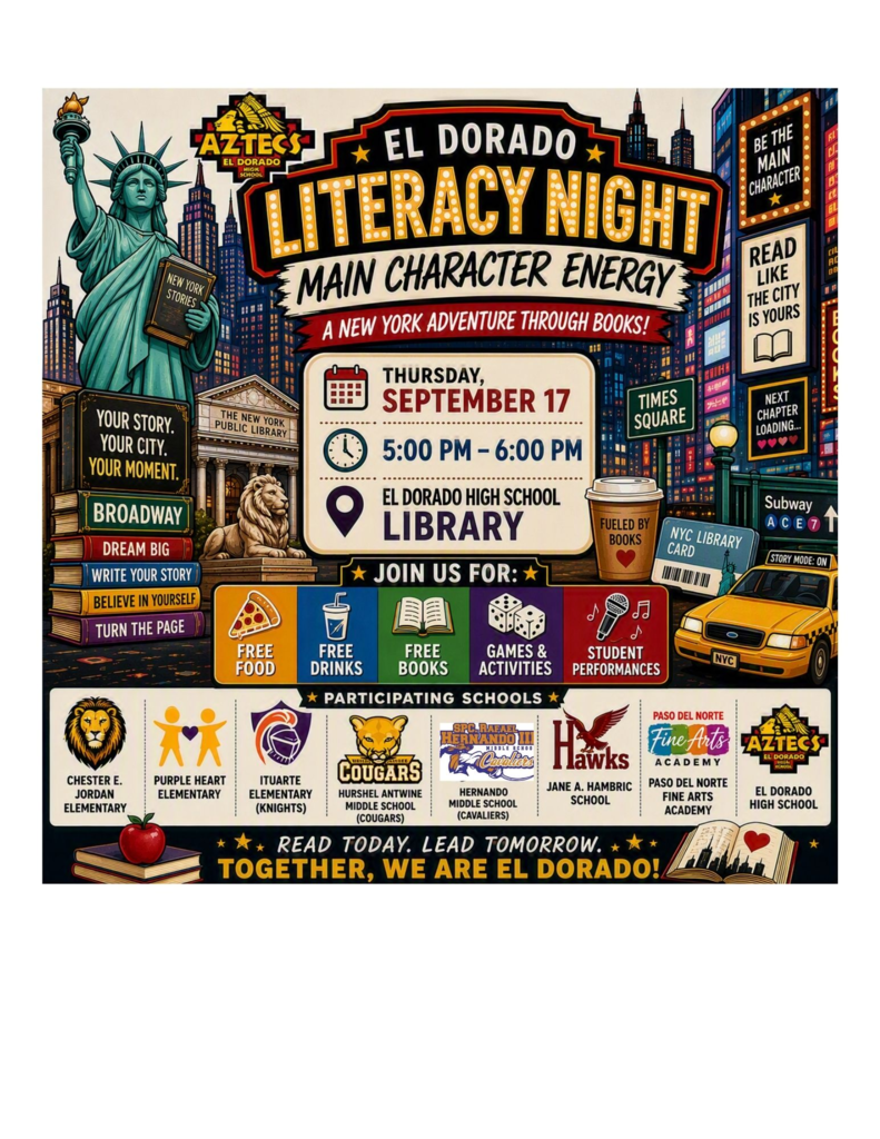 Colorful New York-themed flyer for El Dorado Literacy Night: Main Character Energy, taking place on Thursday, September 17, from 5:00 p.m. to 6:00 p.m. at the El Dorado High School Library. The flyer features books, the Statue of Liberty, city buildings, and information about free food, drinks, books, games, activities, and student performances.