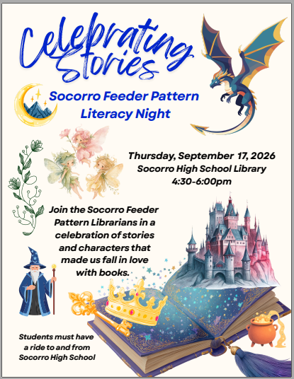 A flyer announcing the Socorro Feeder Pattern Literacy Night on September 17, 2026 at 4:30 p.m.