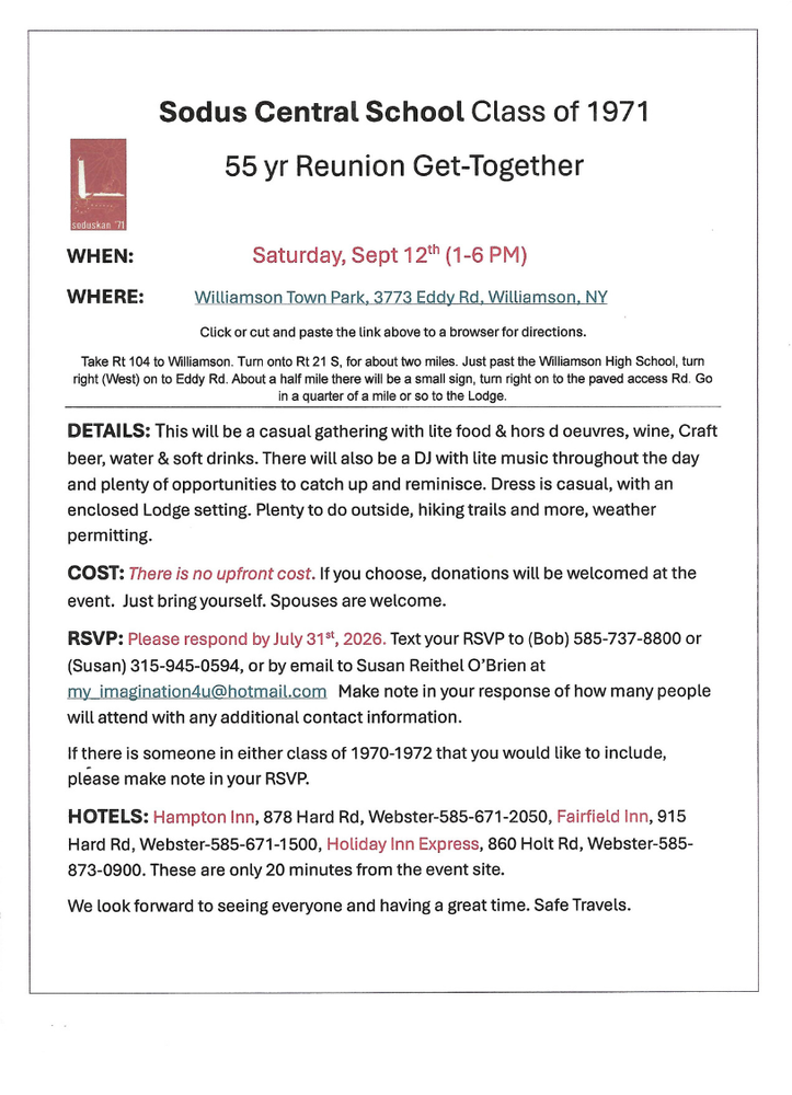 Sodus Class of 1971 - 55 Year Reunion! Sat. Sept. 12th 1-6 p.m. at Williamson Town Park