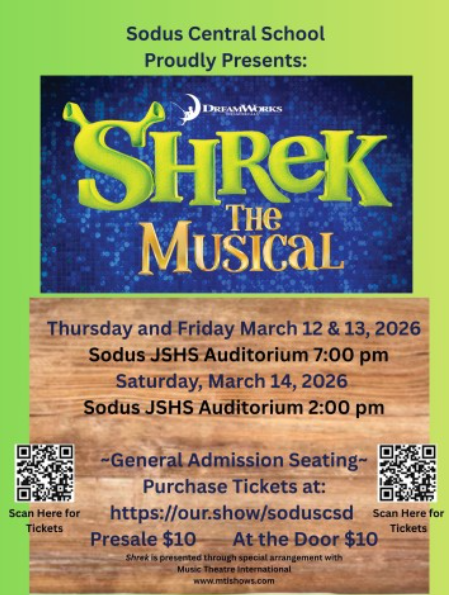 Shrek the Musical: March 12 & 13 at 7:00pm, March 14 at 2:00pm. Tickets $10. Scan QR code to purchase or go to https://our.show/soduscsd