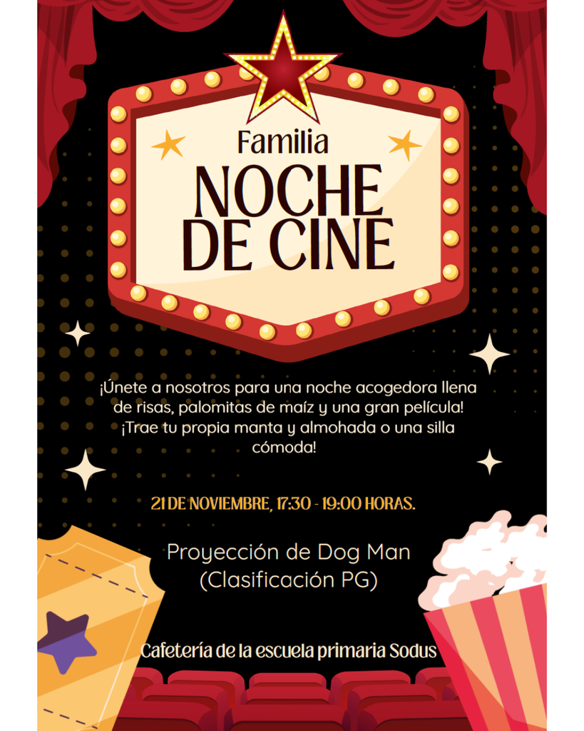 Noche de Cine 21 de Noviembre, 17:30-19. Cafe de la escuela primaria