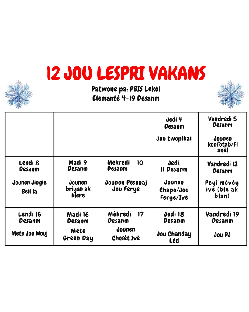 12 jou lespri vakans