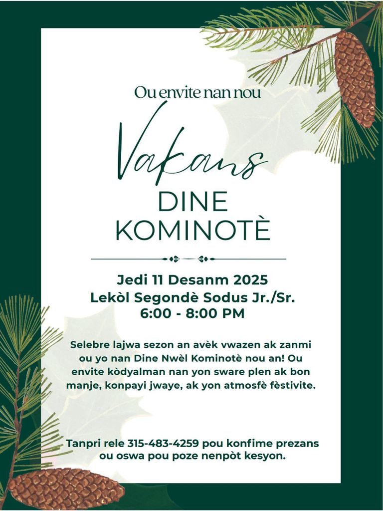 Dine Kominotè ,jedi 11 Desanm 6-8pm a lekol segondè JSHS