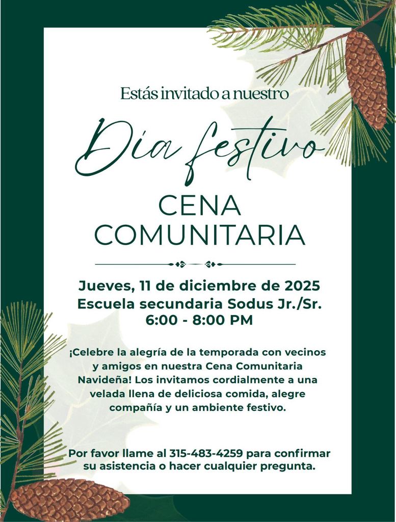 Cena comunitaria, jueve el 11 de diciembre de 6-8pm a la escuela secundaria JSHS