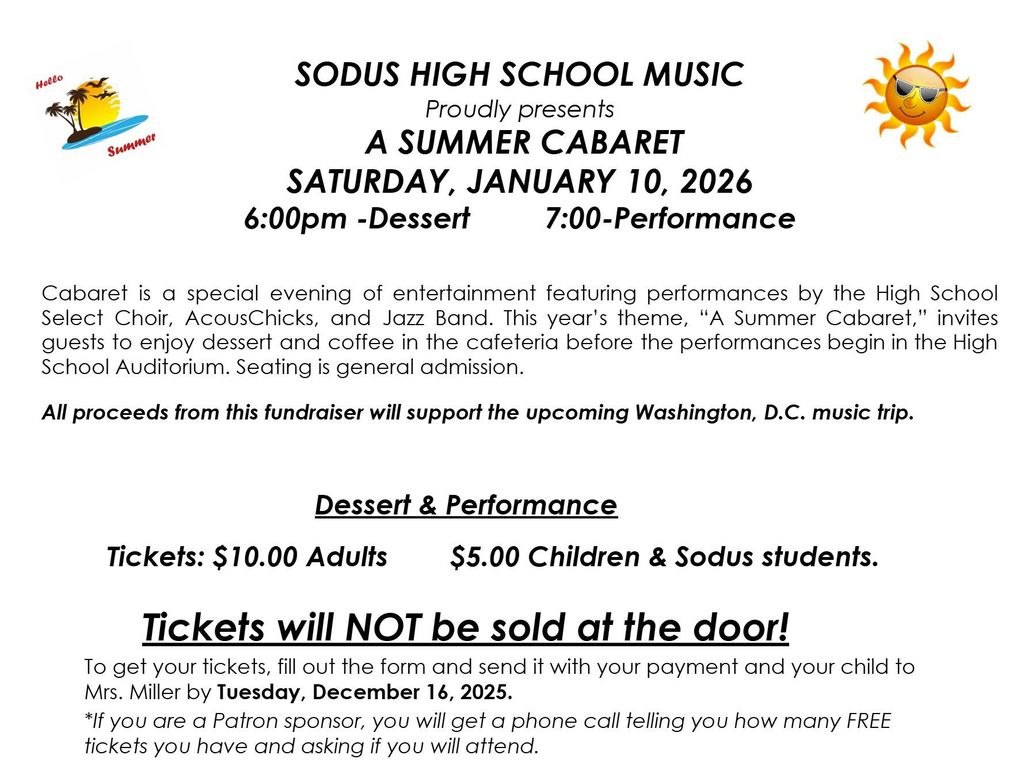 Sodus Summer Cabaret - Jan. 10th from 6-7pm. $10 Adults, $5 Children and students