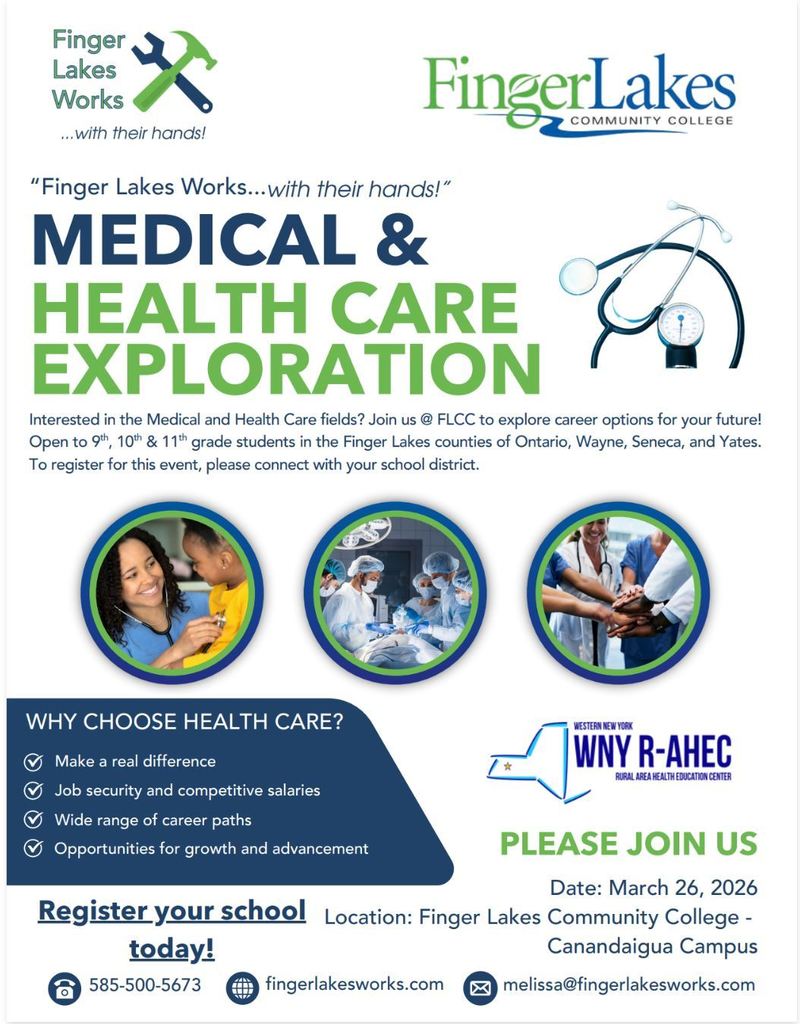 Finger Lakes Works with their hands, - Medical & Health Care Exploration - March 26, 2026, Register by Friday, Dec. 19th