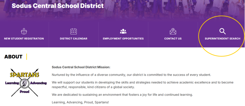 Superintendent Search Page - located on the home page of the Sodus CSD Website