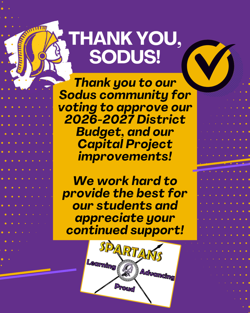 Thank you to our Sodus community for voting to approve our 2026-2027 District Budget, and our Capital Project improvements!  We work hard to provide the best for our students and appreciate your continued support!