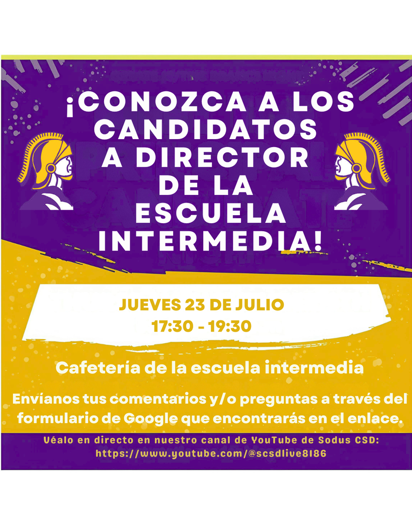 Conozca a los candidatos a director de la escuela intermedia: HOY a las 5:30 p. m. en la cafetería de la escuela intermedia