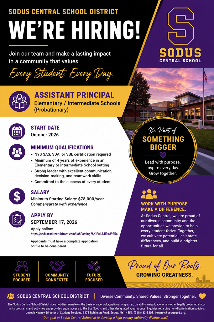 We're hiring! Assistant Principal (Elementary & Intermediate School). Join our team and make a lasting impact in a community that values every student, every day!