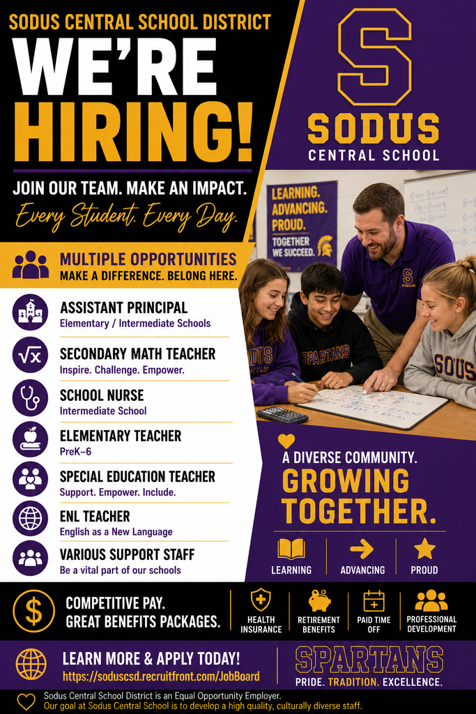 Come join the Spartan Family!! We're hiring for the following positions: Assistant Principal, Secondary Math Teacher, School Nurse, Elementary Teacher, Special Education Teacher, ENL Teacher, and multiple Support Staff Positions