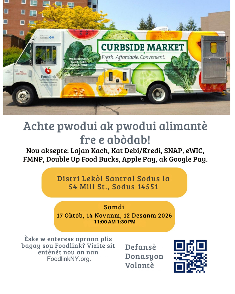 Achte pwodui ak pwodui alimante fre e abodab! Samdi: 17 Oktob, 14 Novanm, 12 Desanm: 11:00 a.m. - 1:30 p.m.