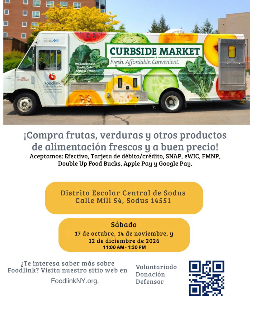 Compra frutas, verduras, y otros productos de alimentacion frescos y a buen precio: Sabado 17 de octubre, 14 de noviembre, y 12 de diciembre: 11:00 a.m. - 1:30 p.m.