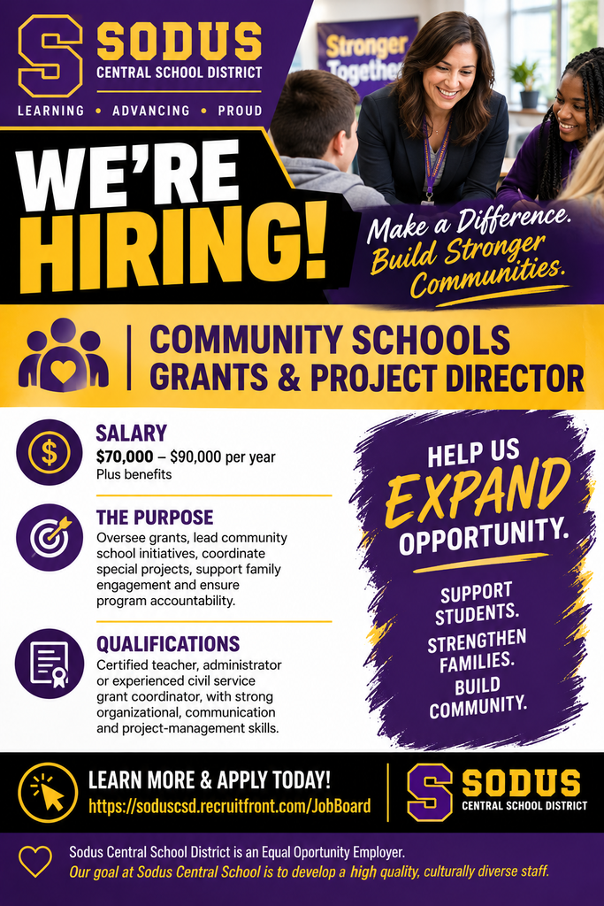 We're hiring a Community Schools Grans & Project Director. Go to hyttps://soduscsd.recruitfront.com/JobBoard to learn more and apply!