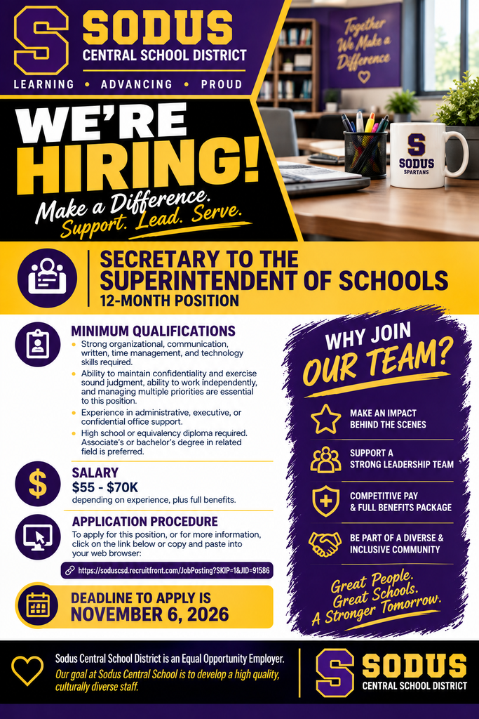 We're hiring the new Secretary to the Superintendent of Schools! Go to https://soduscsd.recruitfront.com/JobBoard to learn more and apply!