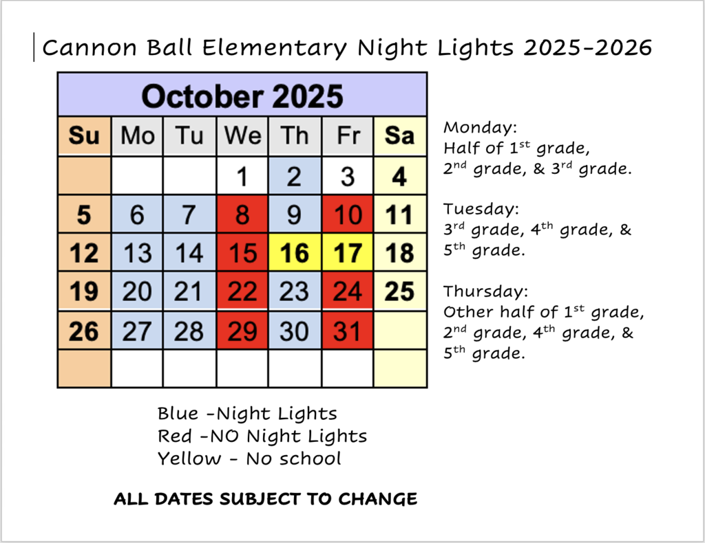October 2025 Night Lights Calendar.