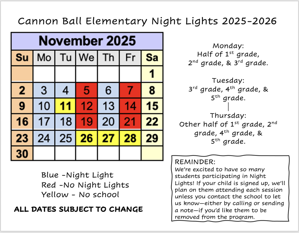 Night Light November calendar. All Dates Subject to Change.