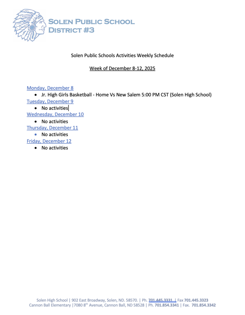 Weekly Athletic Schedule 12-8