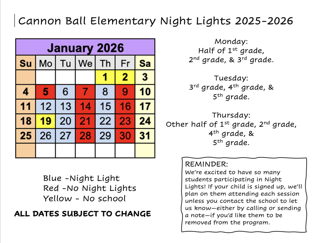January 2026 Night Lights calendar