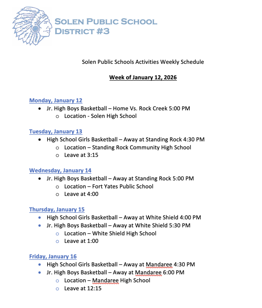 Week of January 12 Solen Sioux Athletic Schedule
