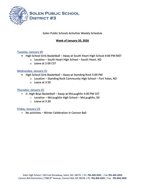 Weekly Athletic Schedule 1-20-26