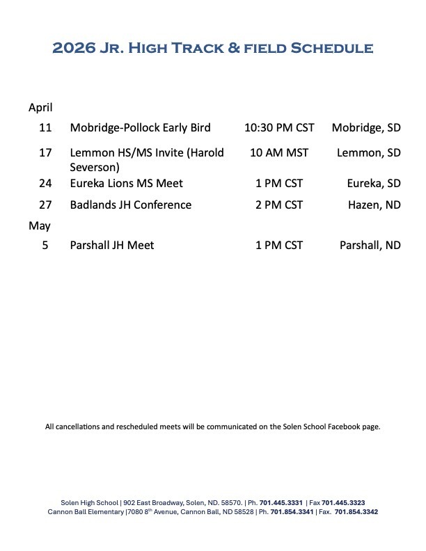 2026 Jr. High Track and Field Schedule