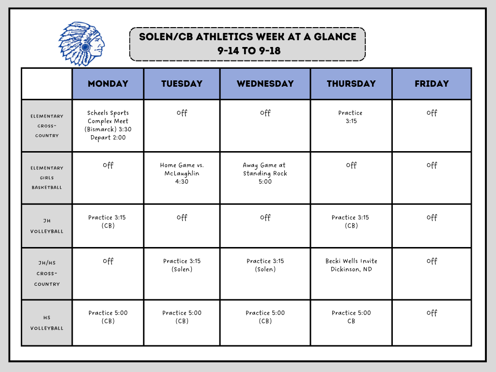 Solen/CB Athletics Week At A Glance 9-14 to 9-18