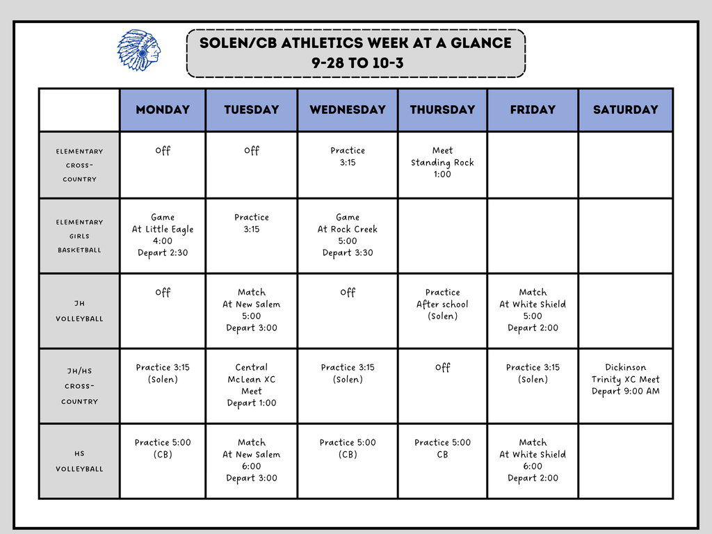 Solen/CB Athletics Week At A Glance 9-28 to 10-3