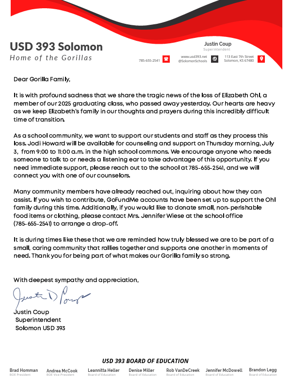 Ohl Family Letter to Parents