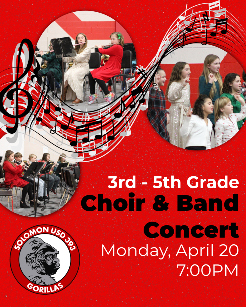 advertisement for 3rd-5th grade concert pm April 20 at 7pm 