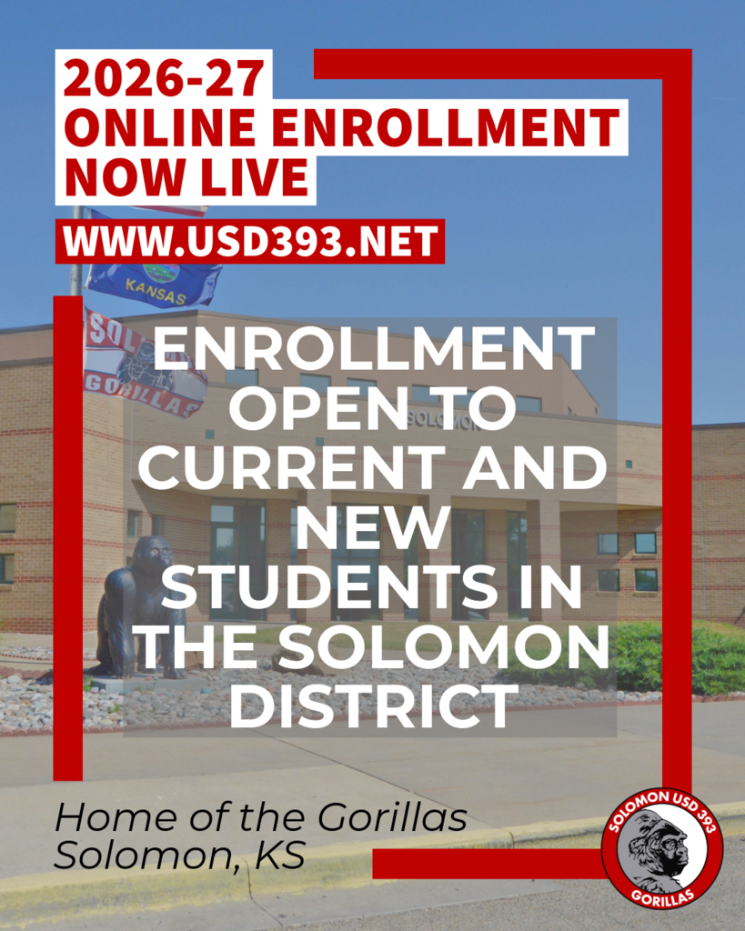 A promotional graphic for Solomon USD 393 announcing 2026-27 Online Enrollment. The background shows an outdoor photo of Solomon High School with the Gorilla statue. Text overlays read '2026-27 Online Enrollment Now Live' and 'Enrollment open to currently enrolled Solomon students.' Includes the red and white Gorilla logo and the text 'Home of the Gorillas, Solomon, KS.'