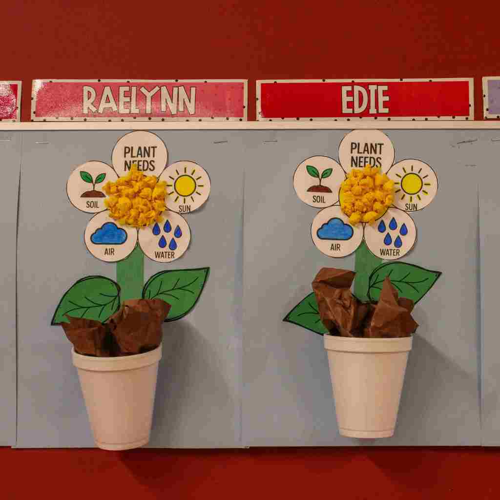 artwork projects by Raelyn and Edie of a syrofoam cup holding brown paper to represent dirt, a green stem, and then five flower petals making a flower