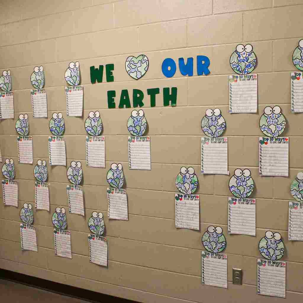 Wall displaying artwork from the first grade students explaining why the love our Earth