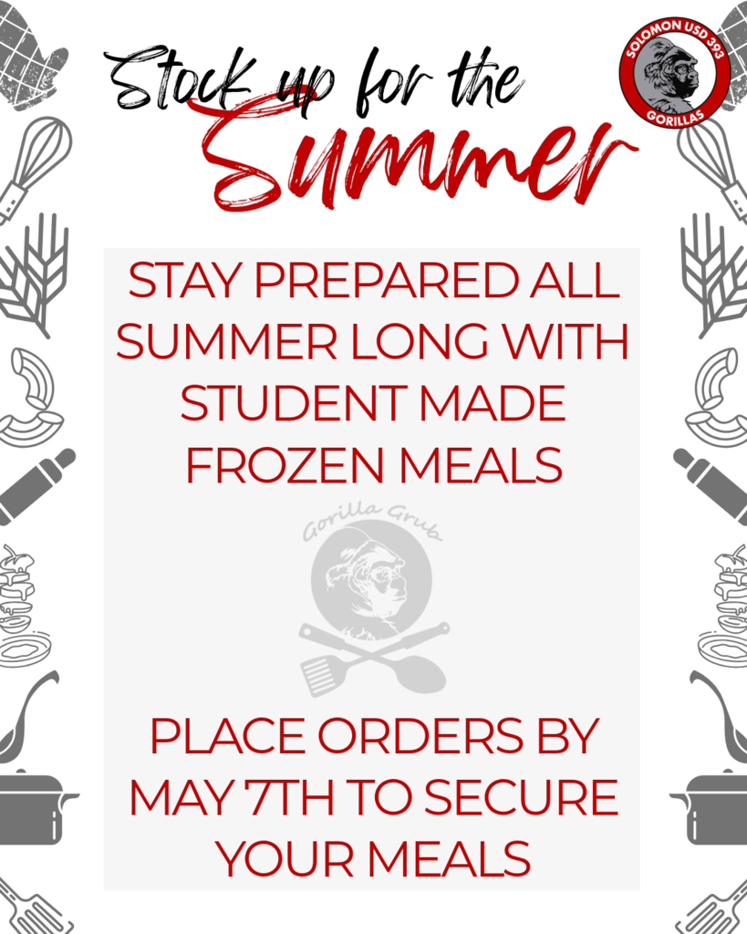 Graphic for Solomon USD 393 "Gorilla Grub" featuring a gorilla chef logo. The text reads: "Student Made Frozen Meals. Place orders by May 7th to secure your meals." The border is decorated with line-art kitchen utensils like rolling pins, whisks, and pots.