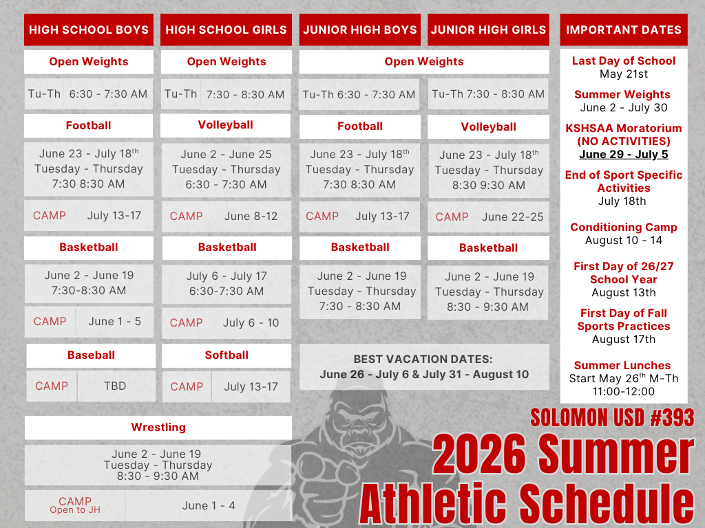 Graphic of the summer athletic schedule 