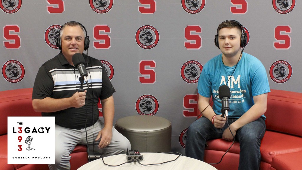 Supt Coup and student Austin posing for photo for the Legacy 393 - a Gorilla Podcast