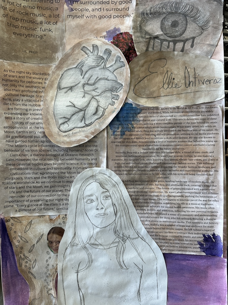 meixed media art featuring a stencil drawing of a student, a hear and an eye with mixed text in the background