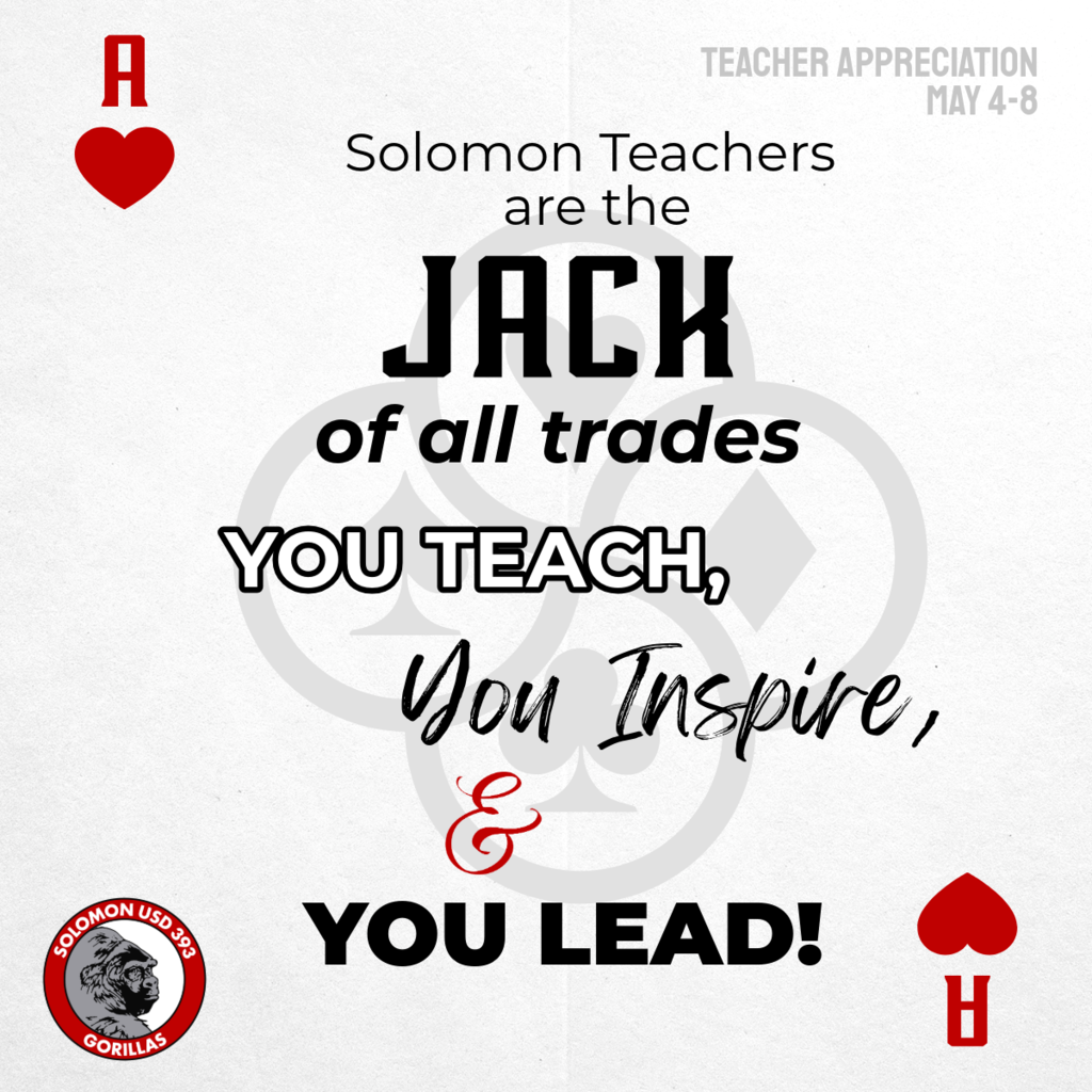 Teacher appreciation post to look like a card with an Ace of Hearts and the quote "You are the Jack of all trades. You  teach, you inspire, and you lead!"