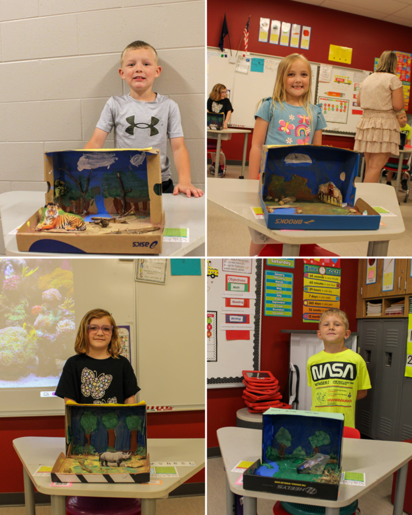 Collage of students presenting their homemade dioramas of animals to older students