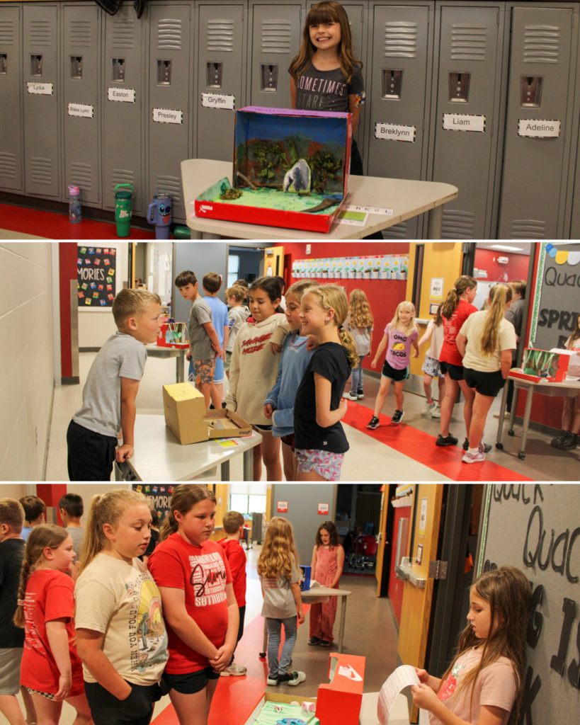 Collage of students presenting their homemade dioramas of animals to older students