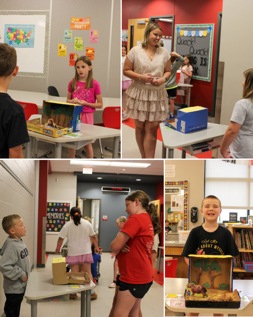 Collage of students presenting their homemade dioramas of animals to older students