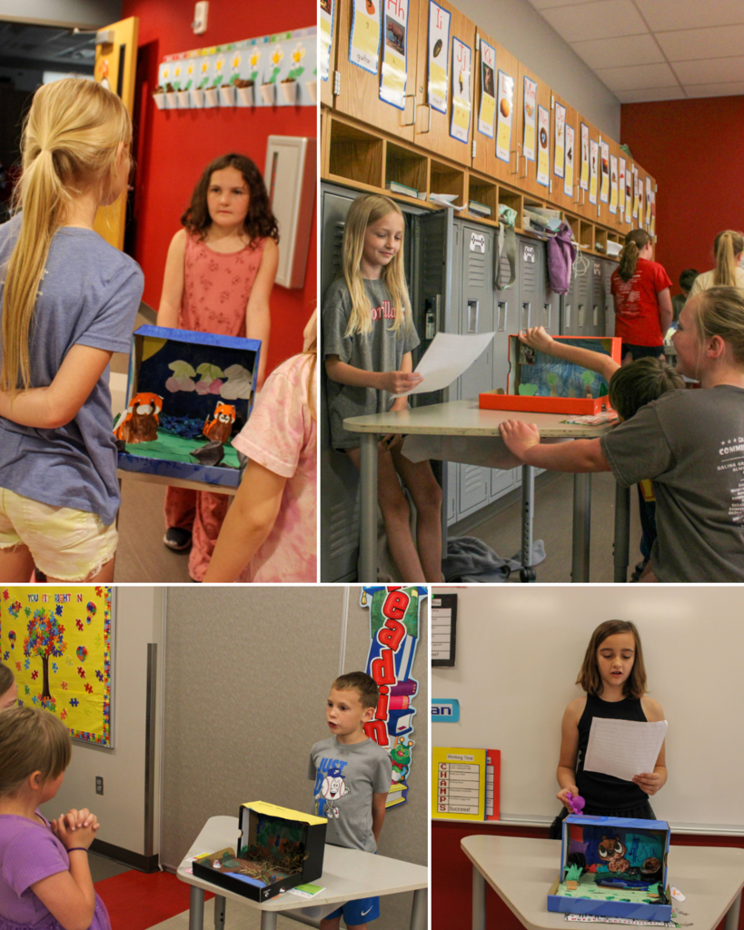 Collage of students presenting their homemade dioramas of animals to older students