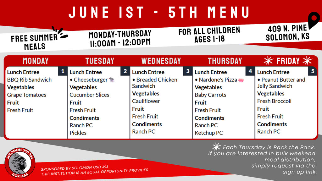 June 1st-5th summer meals menu