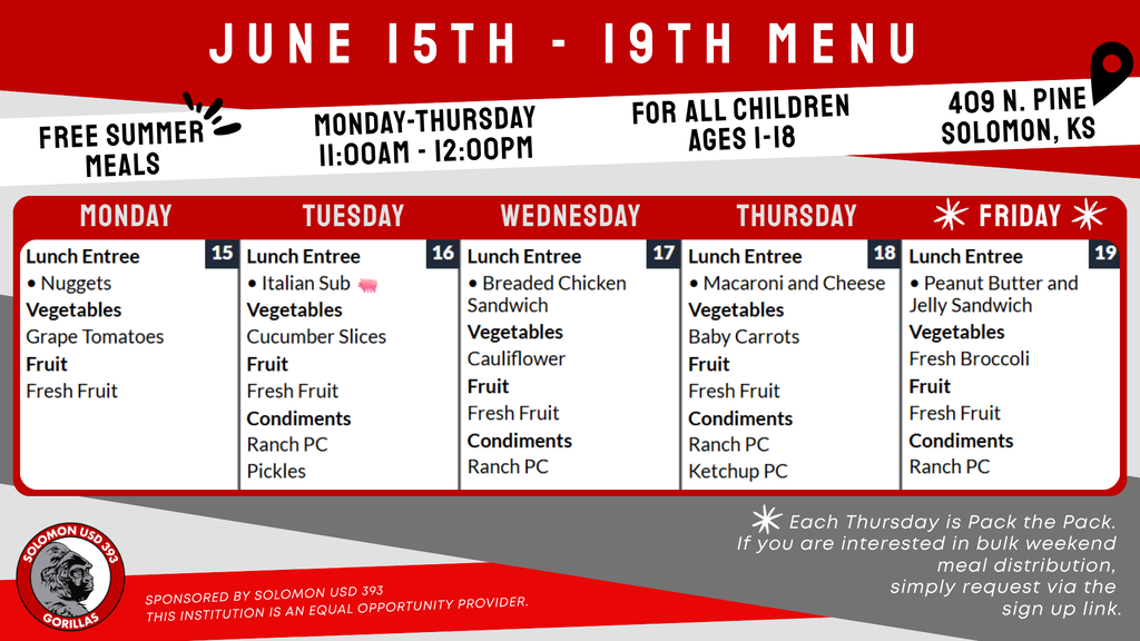 June 15 - 19th menu