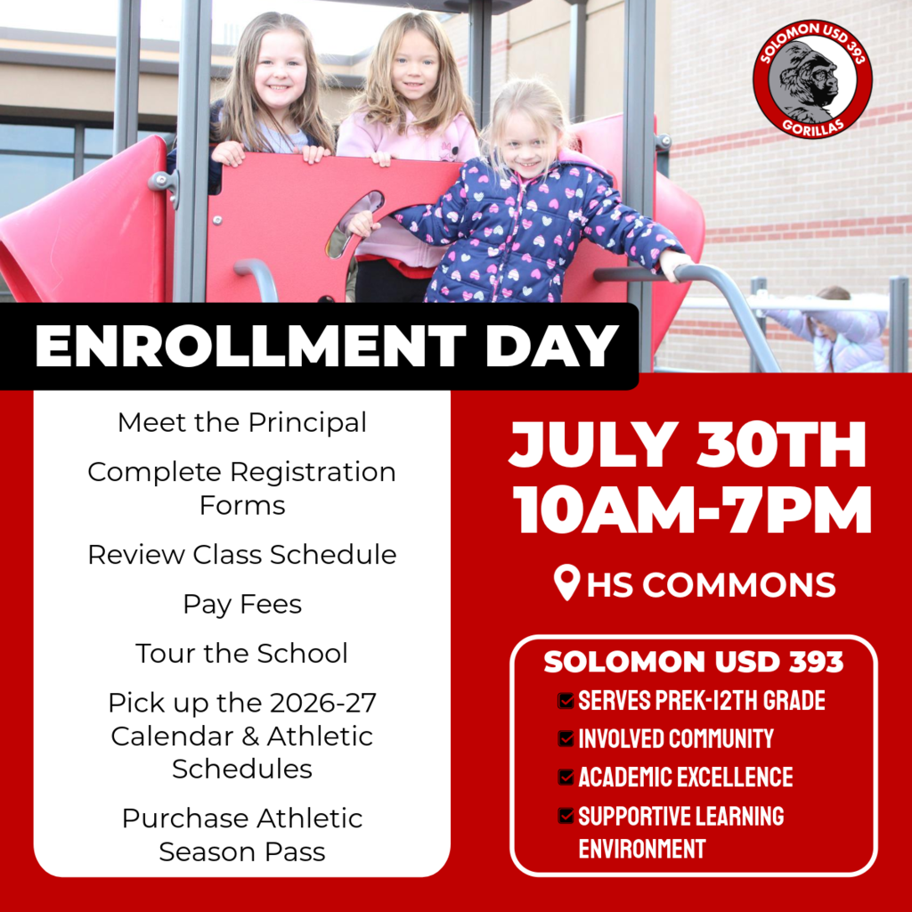 Enrollment day post for July 30th from 10am-7pm at solomon high school