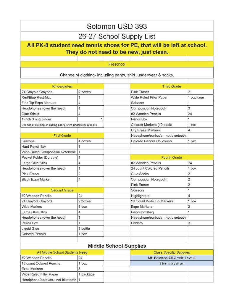 2026-27 PK-8 Supply List